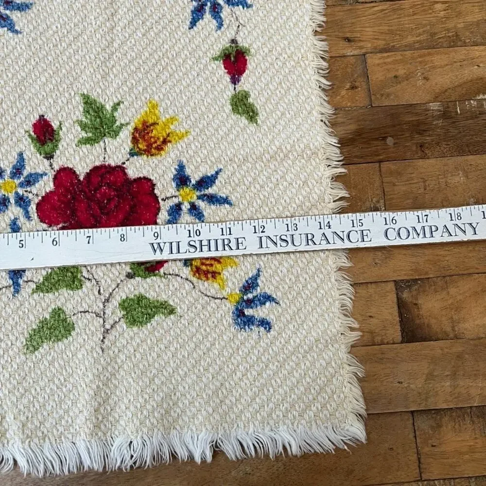 Hand-Painted Rose Floral Small Table Runner 14 x 28 in Woven Cotton Textile